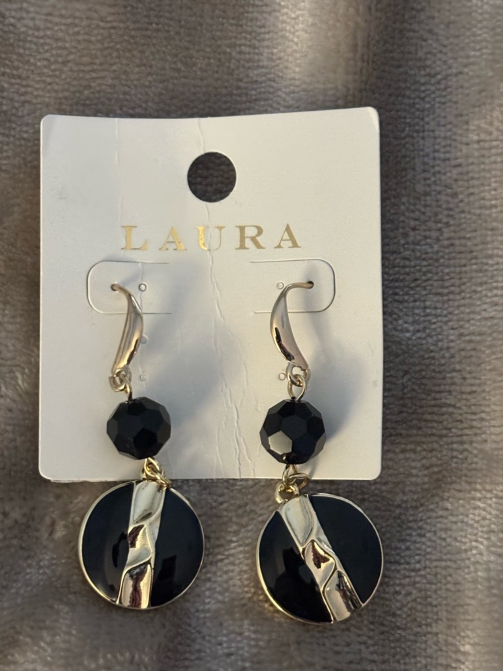 Laura Black and Gold Dangle Earrings with Faceted Beads